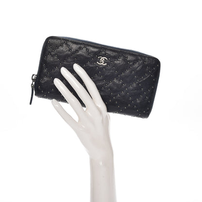 Chanel Crumpled Lambskin Studded Paris Dallas Zip Around Wallet Navy 2 of 8