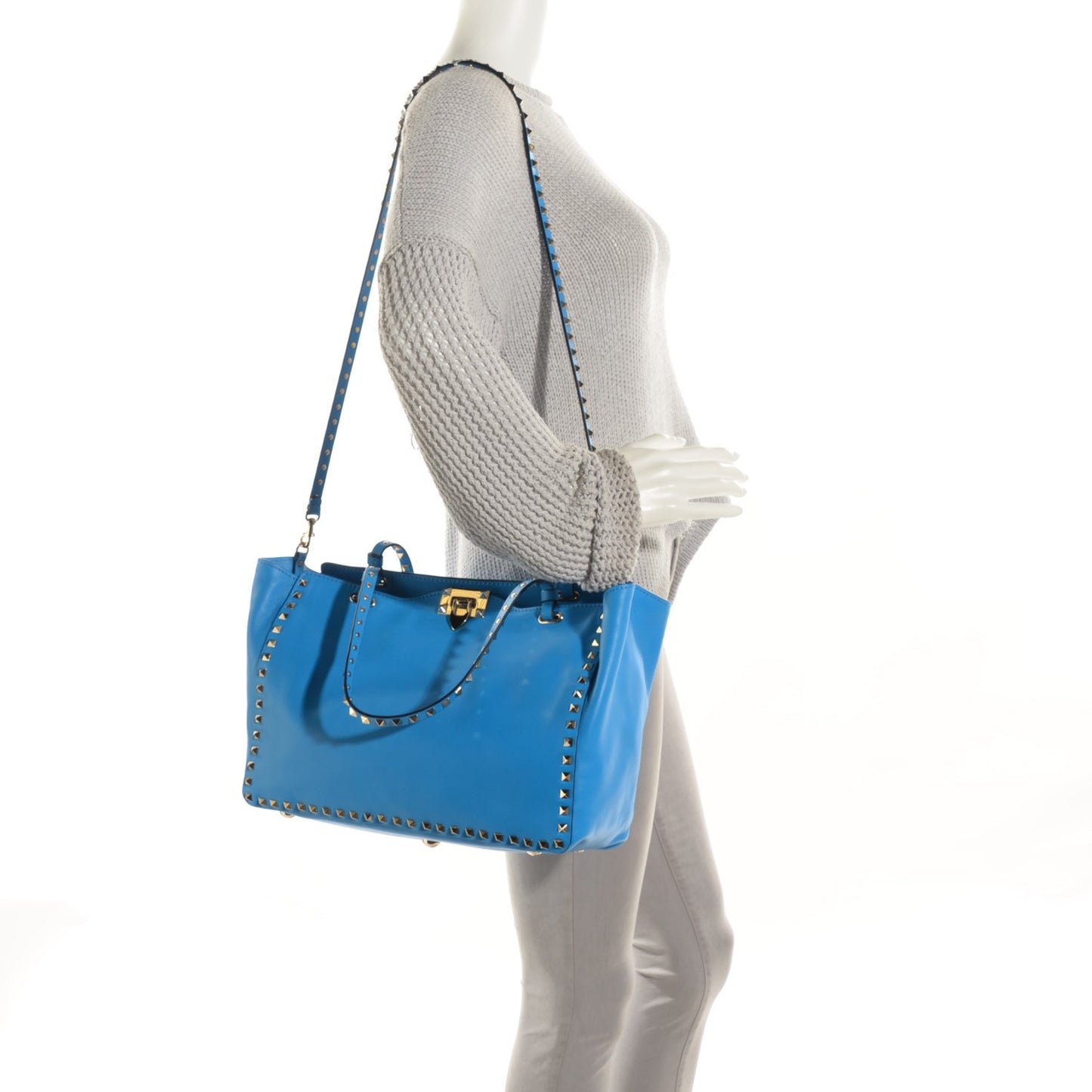 Vitello Medium Rockstud Tote Blue Fluo