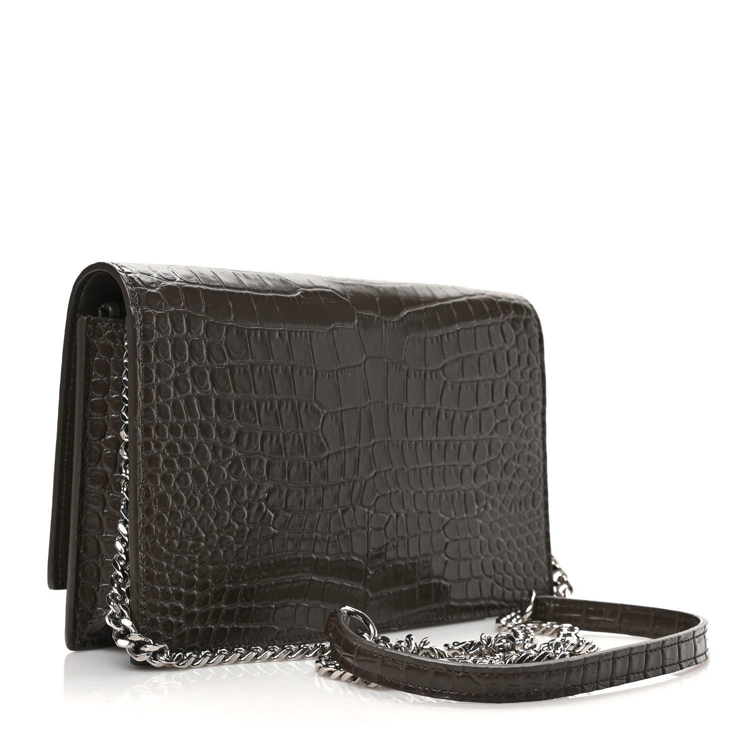 Saint Laurent Calfskin Crocodile Embossed Kate Monogram Tassel Chain Wallet Dark Brown 3 of 8
