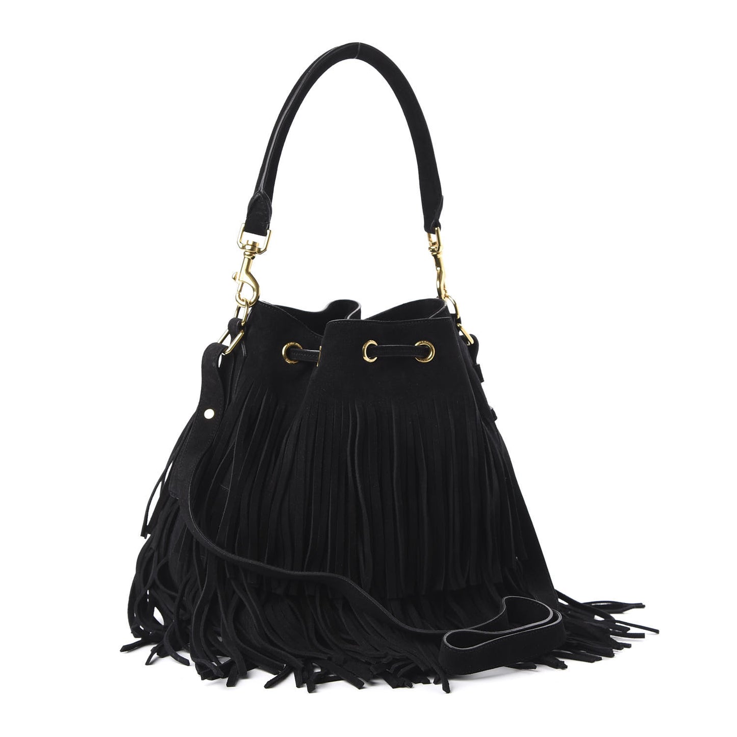 Suede Calfskin Medium Emmanuelle Fringe Bucket Bag Black