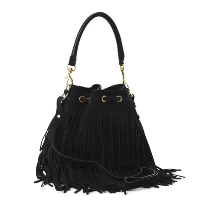 Saint Laurent Suede Calfskin Medium Emmanuelle Fringe Bucket Bag Black 3 of 9