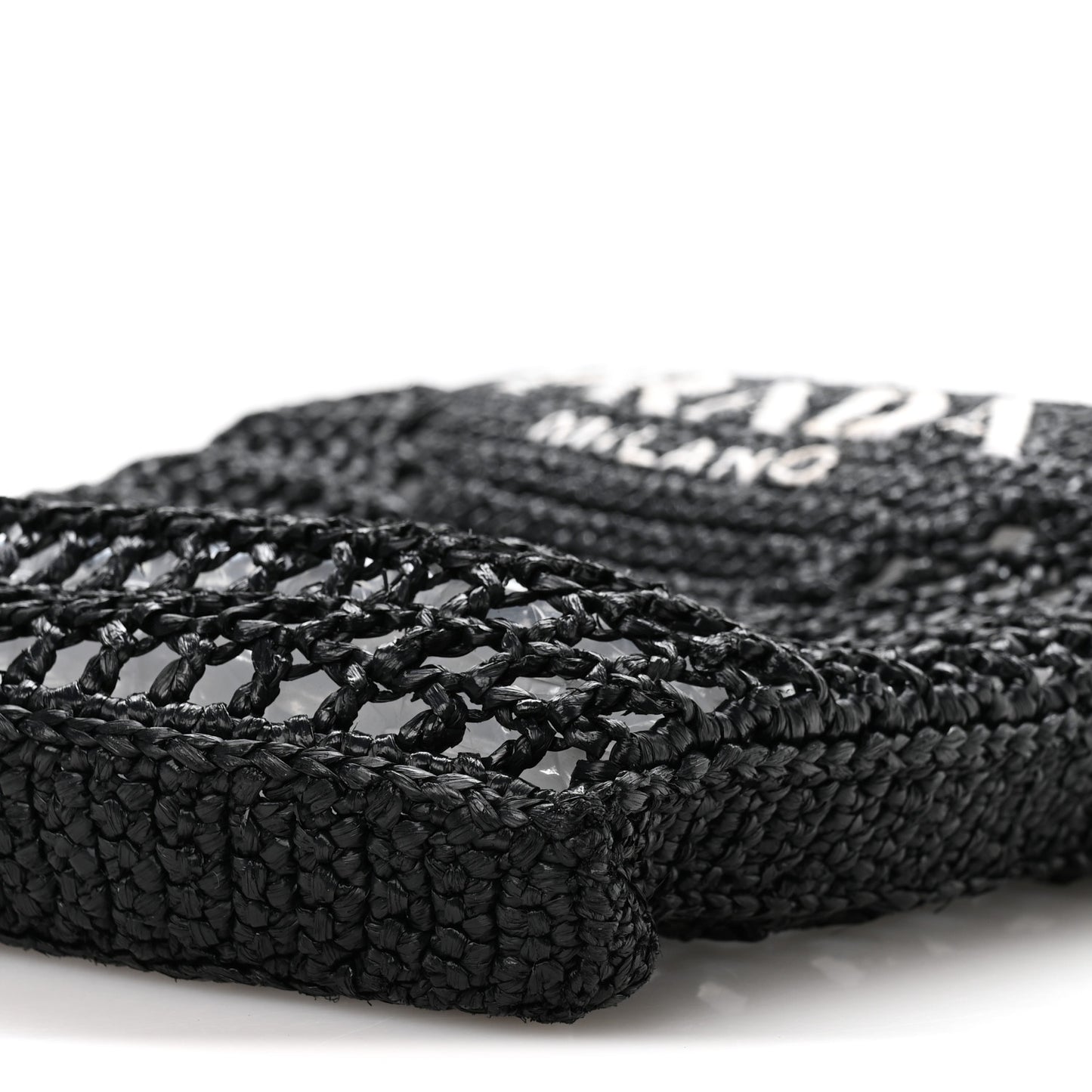 Yarn Raffia Effect Crochet Logo Embroidered Tote Bag Black