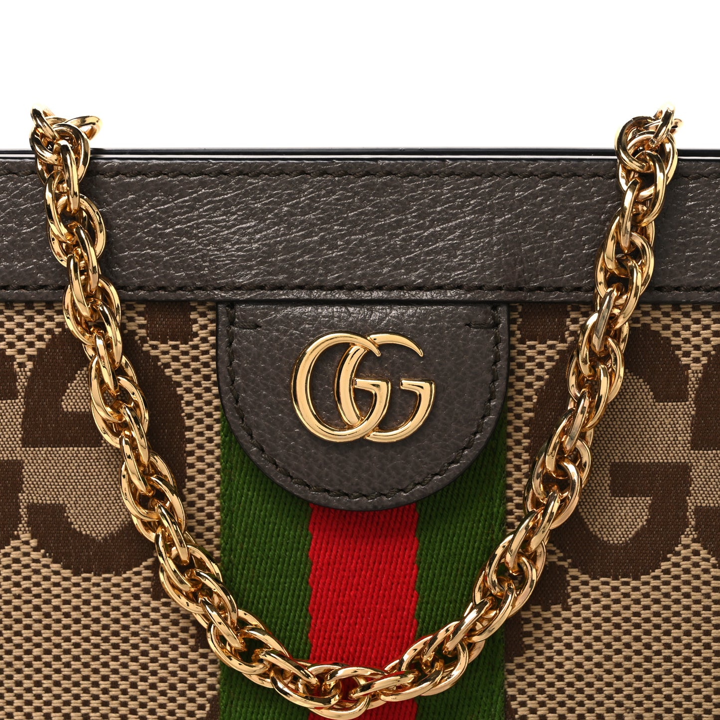 Monogram Jumbo GG Textured Dollar Calfskin Web Small Ophidia Chain Shoulder Bag Camel Ebony New Acero