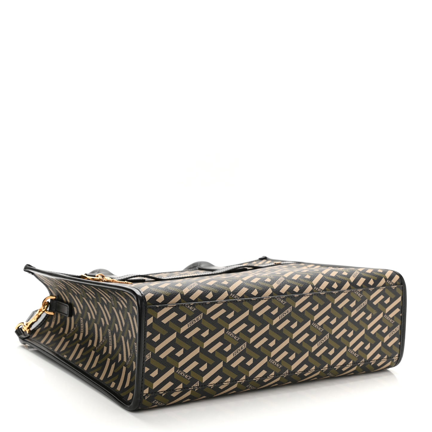 Coated Canvas Calfskin La Greca Signature Tote Bag Black Khaki