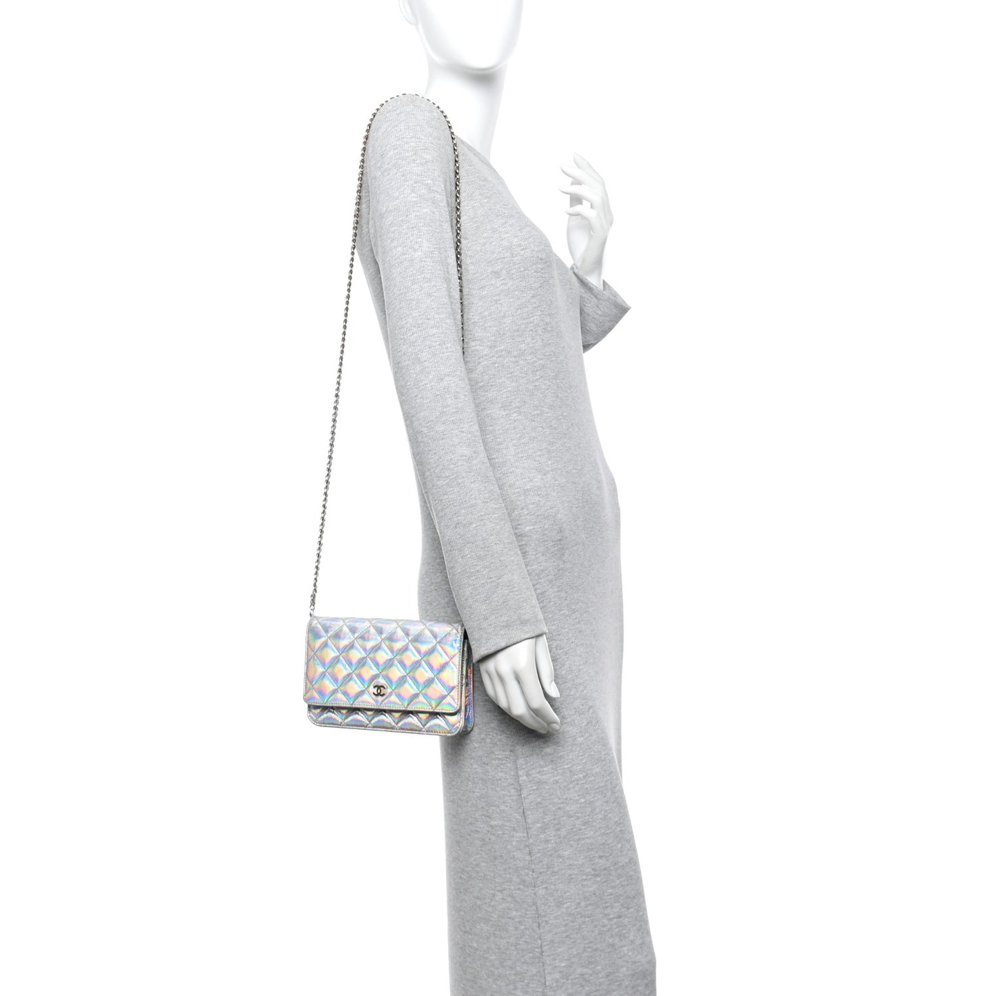 Iridescent Goatskin Quilted Wallet On Chain WOC Silver