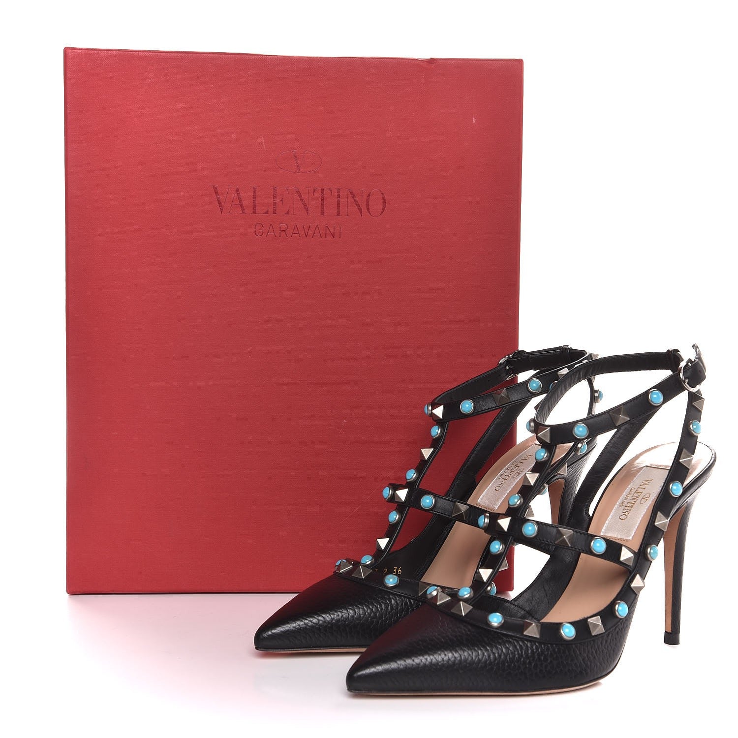 Valentino Garavani Pebbled Calfskin Turquoise Rockstud Rolling Ankle Strap 100mm Pumps 36 Black 9 of 9