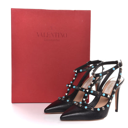 Valentino Garavani Pebbled Calfskin Turquoise Rockstud Rolling Ankle Strap 100mm Pumps 36 Black 9 of 9
