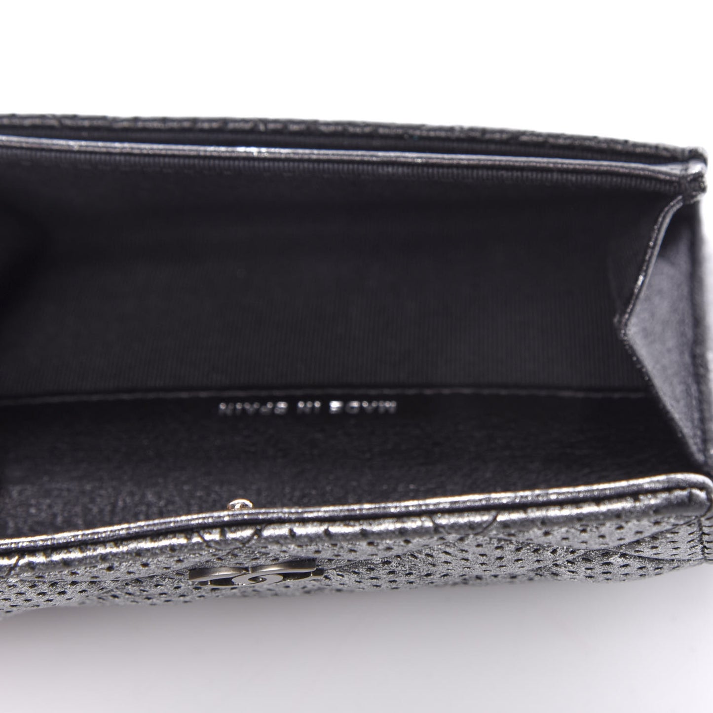 Metallic Calfskin Perforated Quilted Card Holder Grey