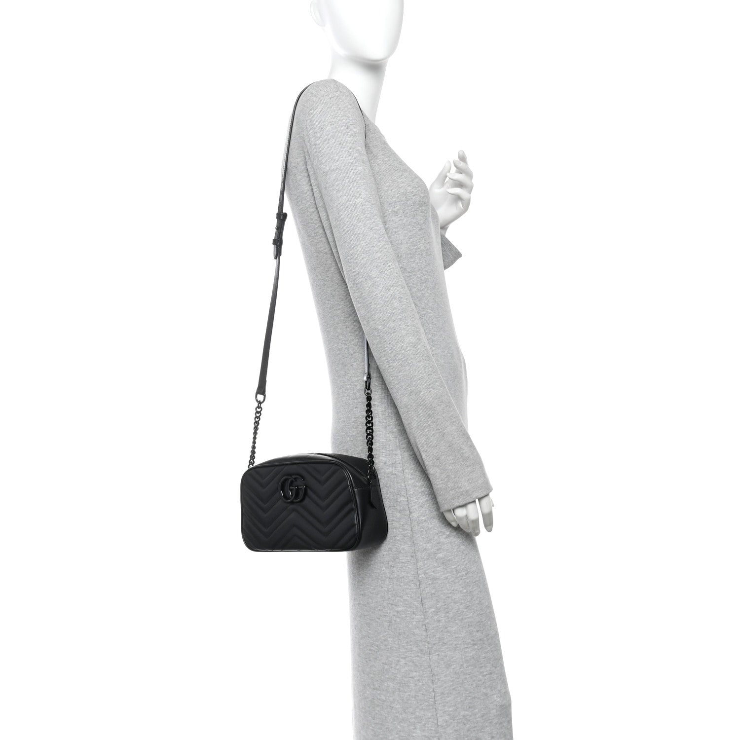 Gucci Calfskin Matelasse Monochrome Small GG Marmont Chain Shoulder Bag Black 2 of 10