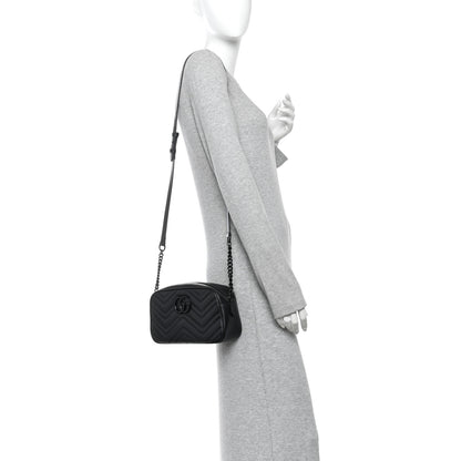 Gucci Calfskin Matelasse Monochrome Small GG Marmont Chain Shoulder Bag Black 2 of 10