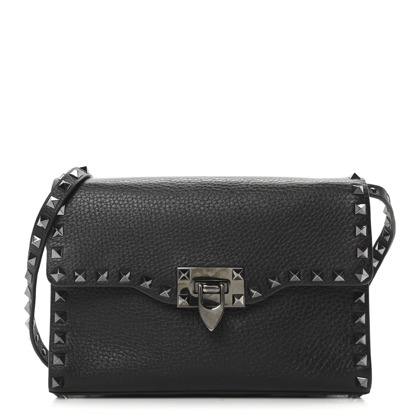 Pebbled Calfskin Monochrome Medium Rockstud Flip Lock Crossbody Bag Black