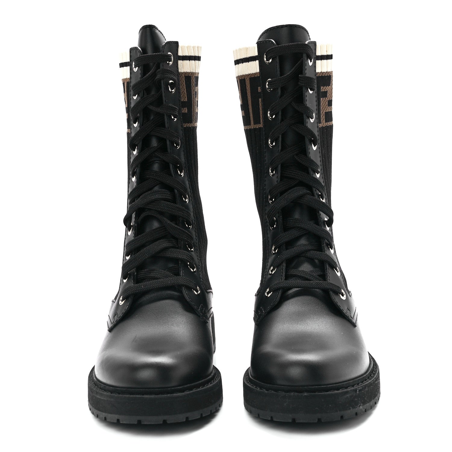 Fendi Calfskin Stretch Fabric Rockoko Biker Boots 38 Tobacco Black Marino 2 of 8