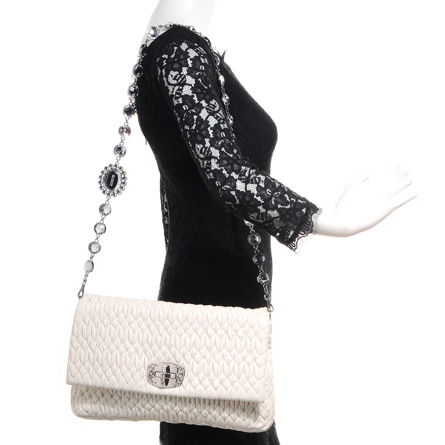 Miu Miu Nappa Matelasse Crystal Flap Clutch White 2 of 11