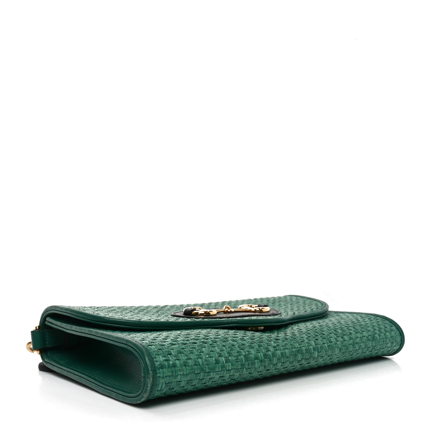 Gucci Straw Azalea Calfskin Mini Horsebit 1955 Chain Shoulder Bag Emerald Black 4 of 11