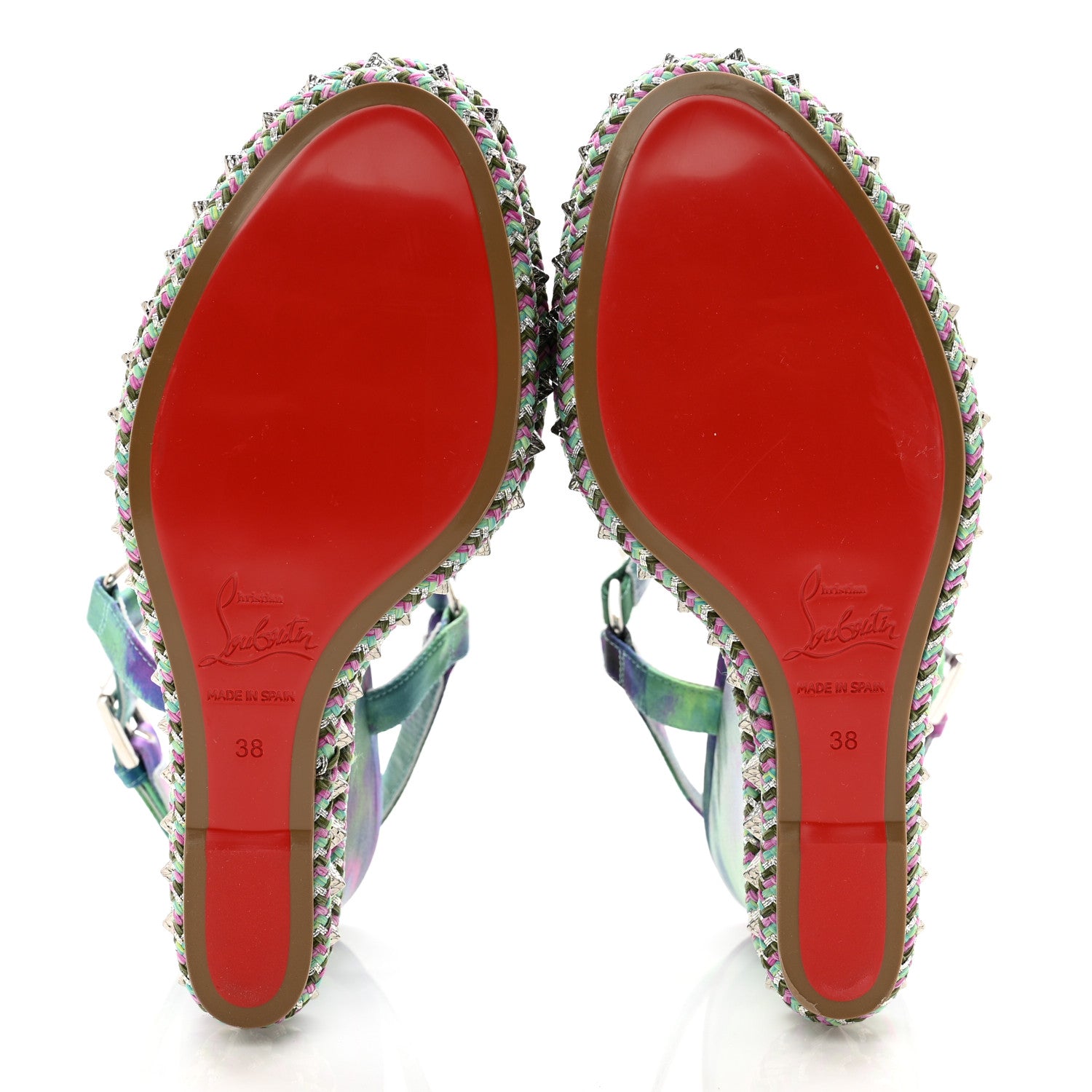 Christian Louboutin Silk Spike Studded Watercolor Pyraclou 110 Wedge Sandals 38 Green Fuschia 5 of 8