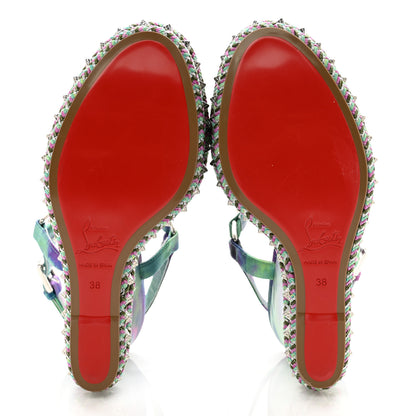 Christian Louboutin Silk Spike Studded Watercolor Pyraclou 110 Wedge Sandals 38 Green Fuschia 5 of 8