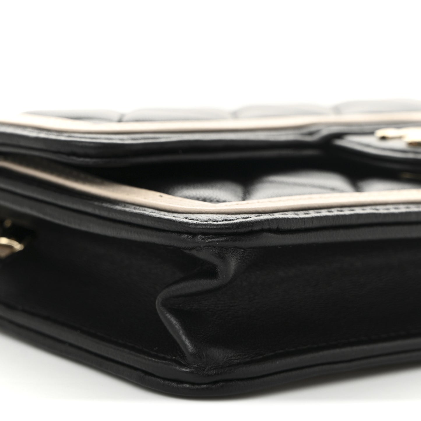 Lambskin Quilted Flap Phone Holder With Chain Black Beige