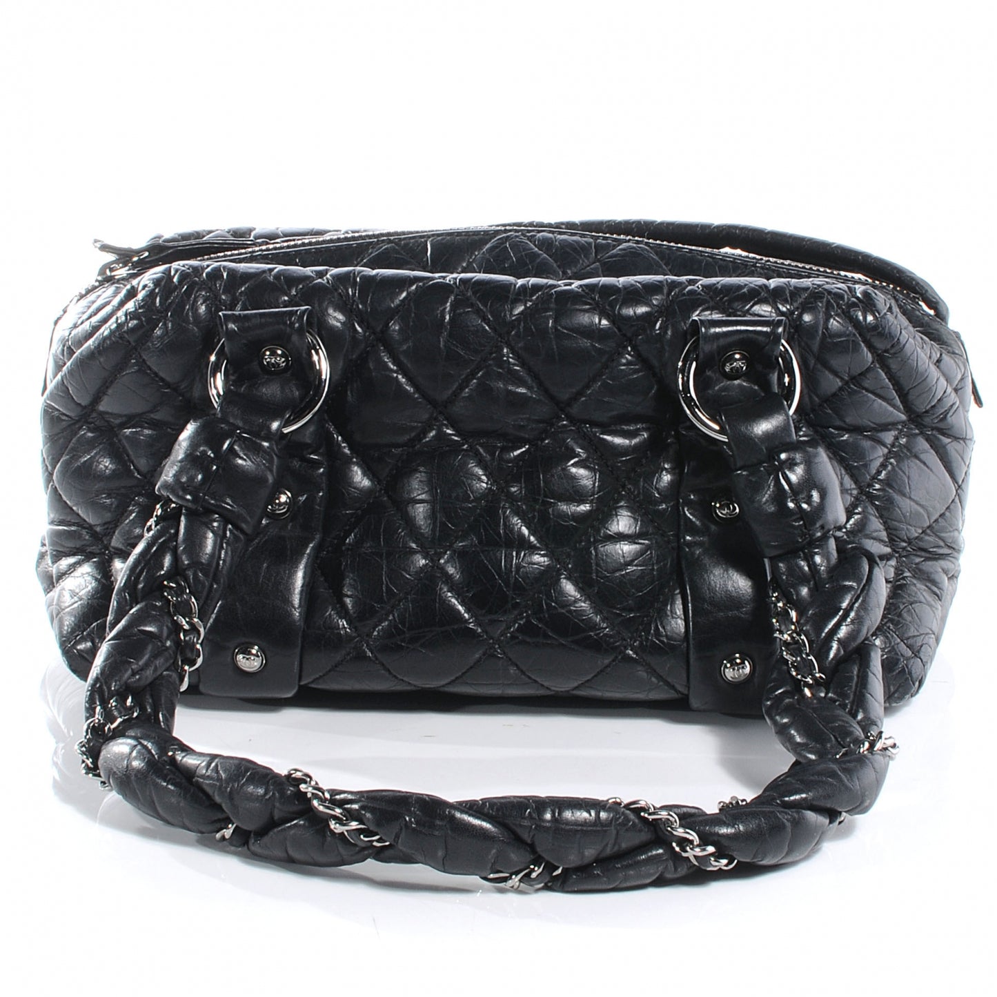 Distressed Lambskin Lady Braid Small Tote Black
