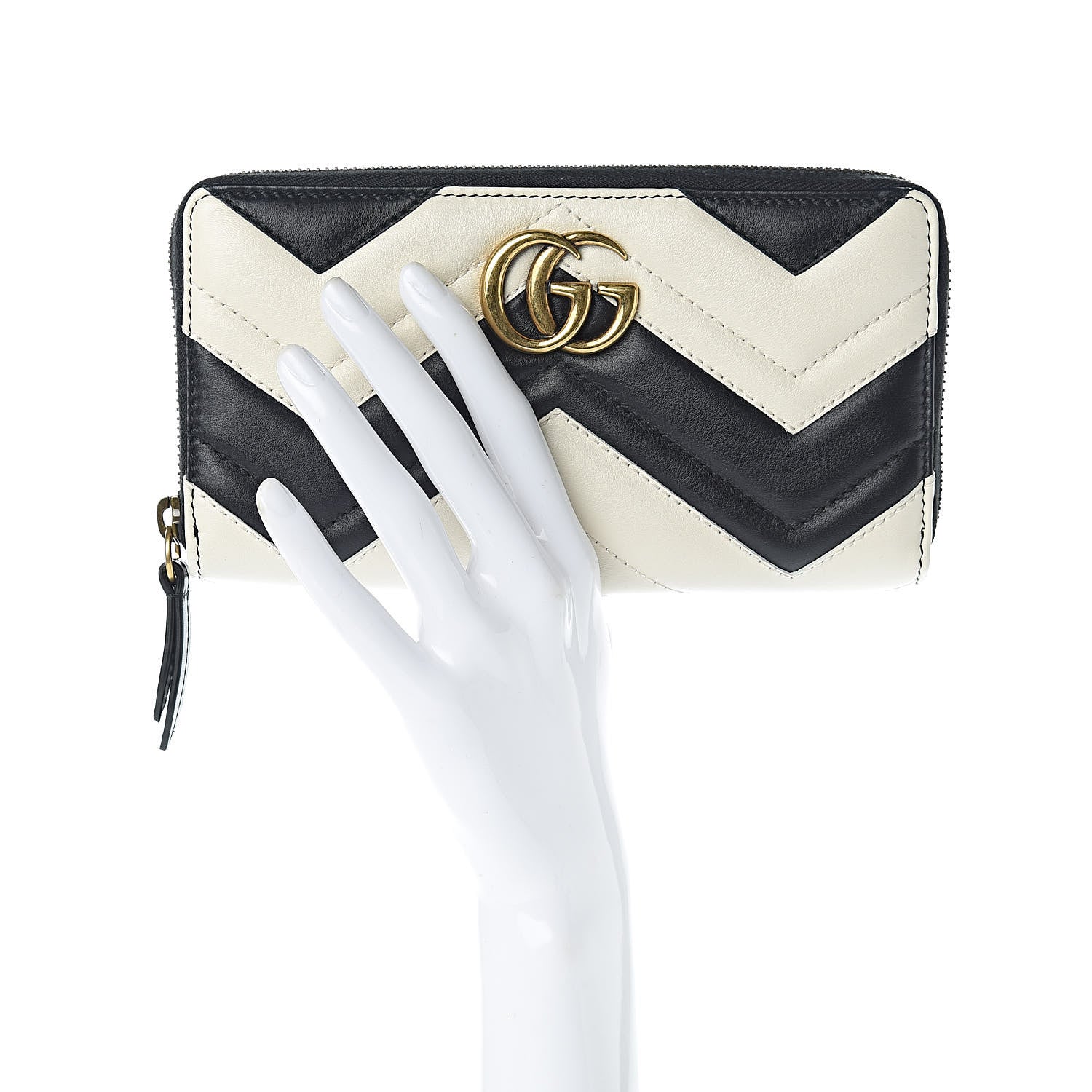 Gucci Calfskin Matelasse GG Marmont Zip Around Wallet Black White 2 of 7