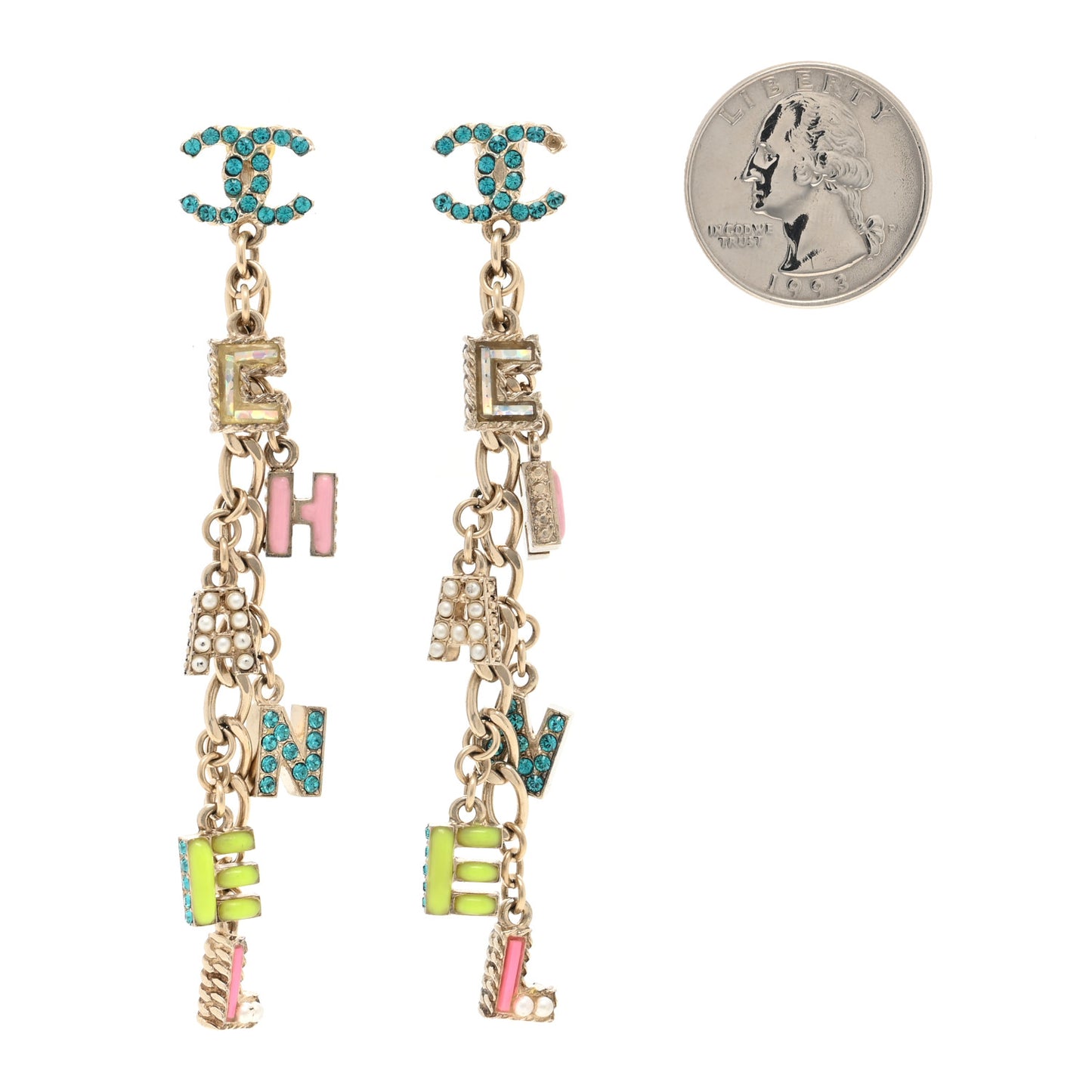 Metal Crystal Pearl Enamel Logo Chain Drop Earrings Gold Multicolor