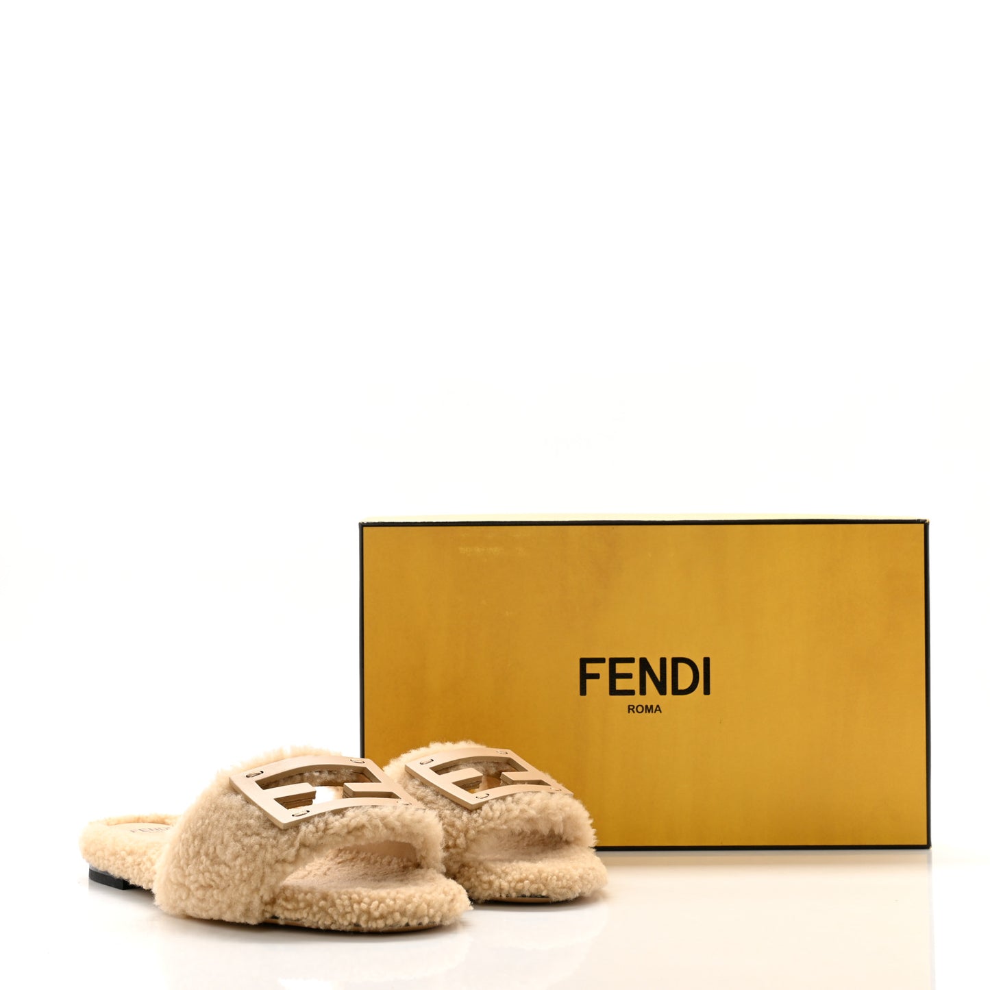 Shearling FF Baguette Slide Sandals 36 Beige Naturale