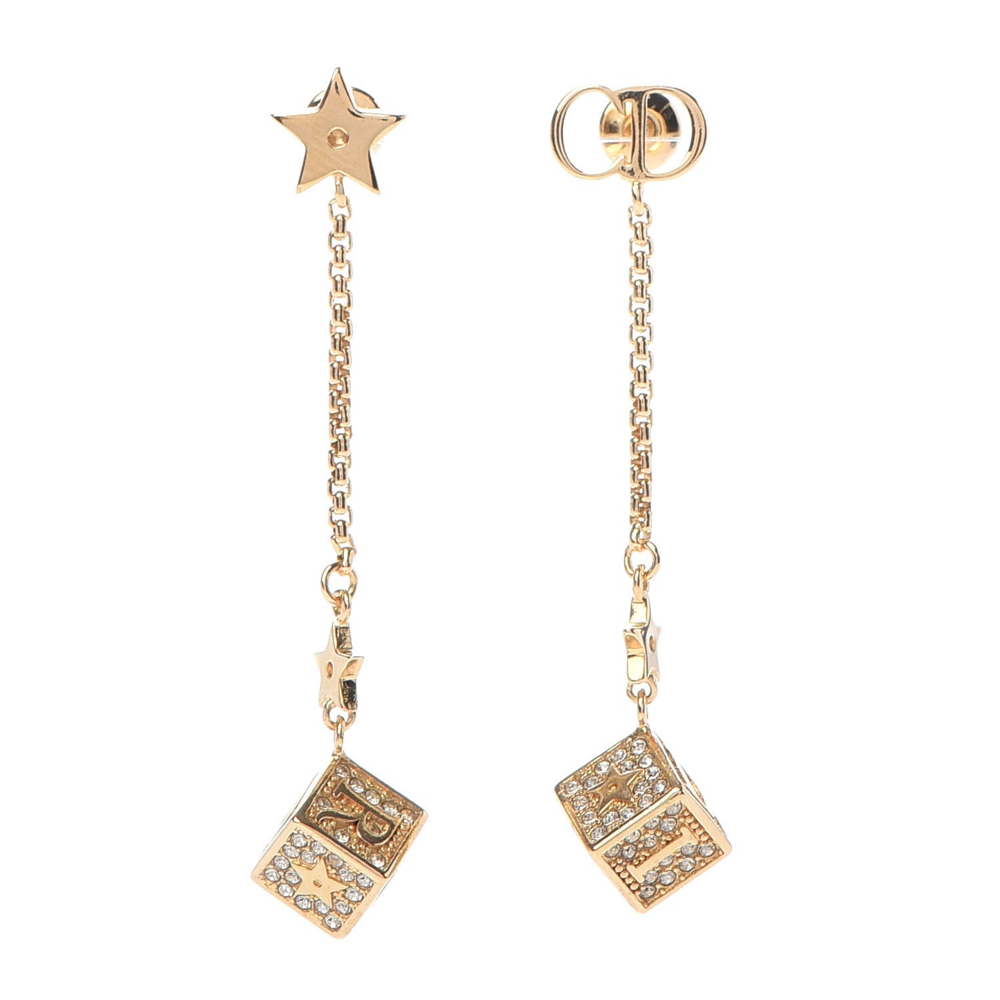 Crystal Star Dice Dangle Earrings Gold