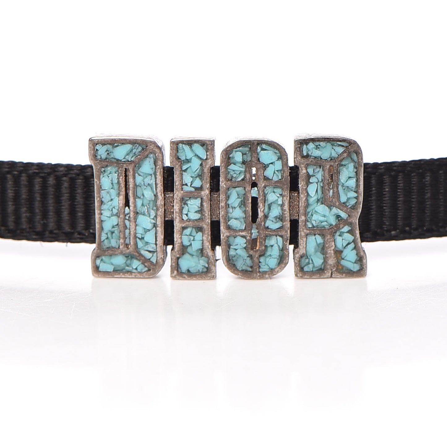 Grosgrain Ribbon Crystal Dior Logo Choker Necklace Black Turquoise