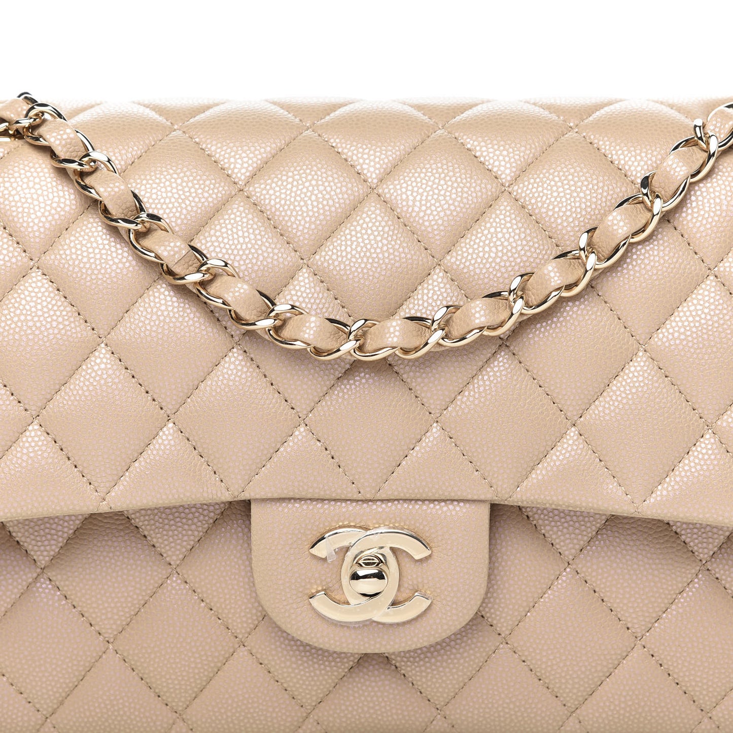Iridescent Caviar Quilted Medium Double Flap Dark Beige
