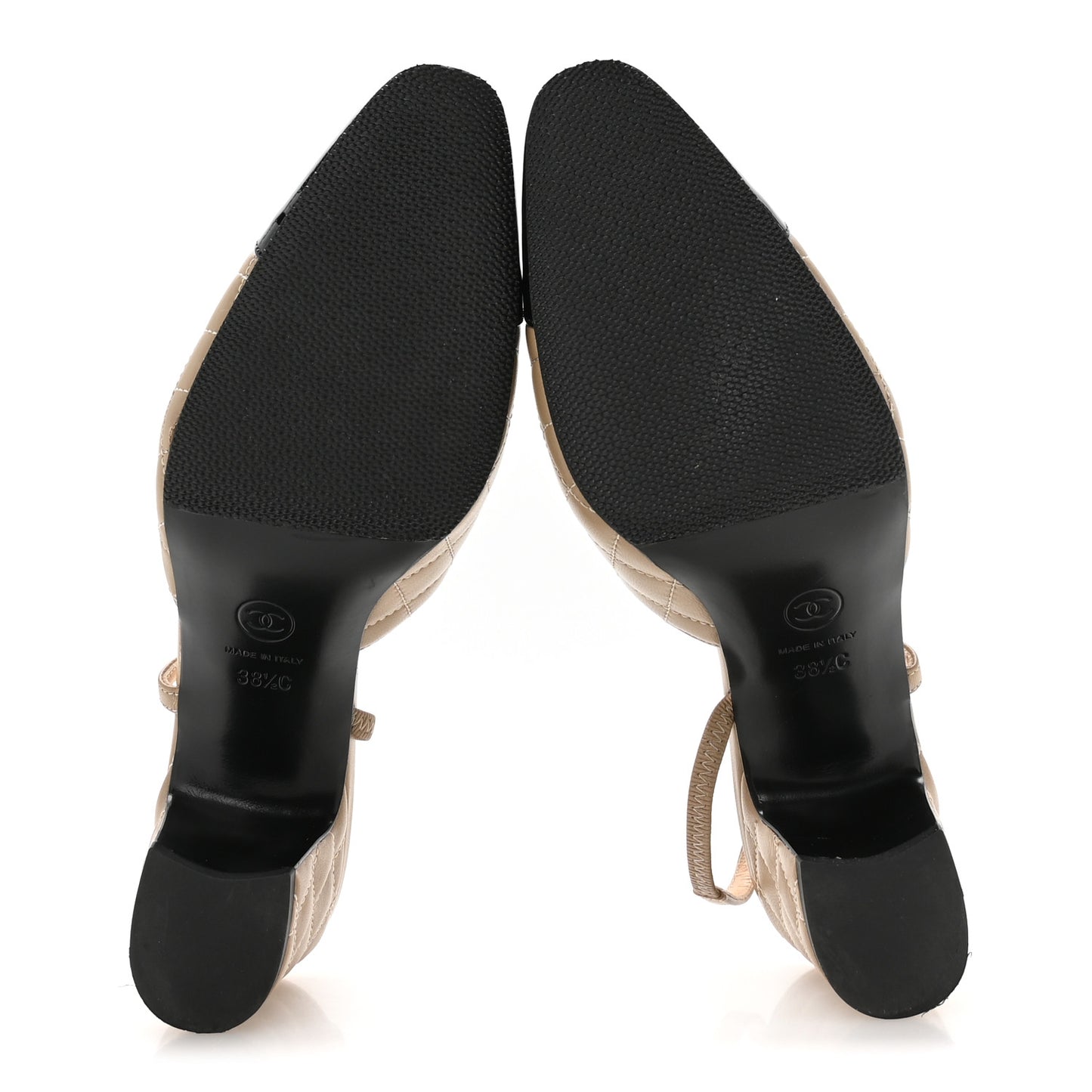 Lambskin Patent Calfskin Quilted Cap Toe CC Slingback Pumps 38.5 Beige Black