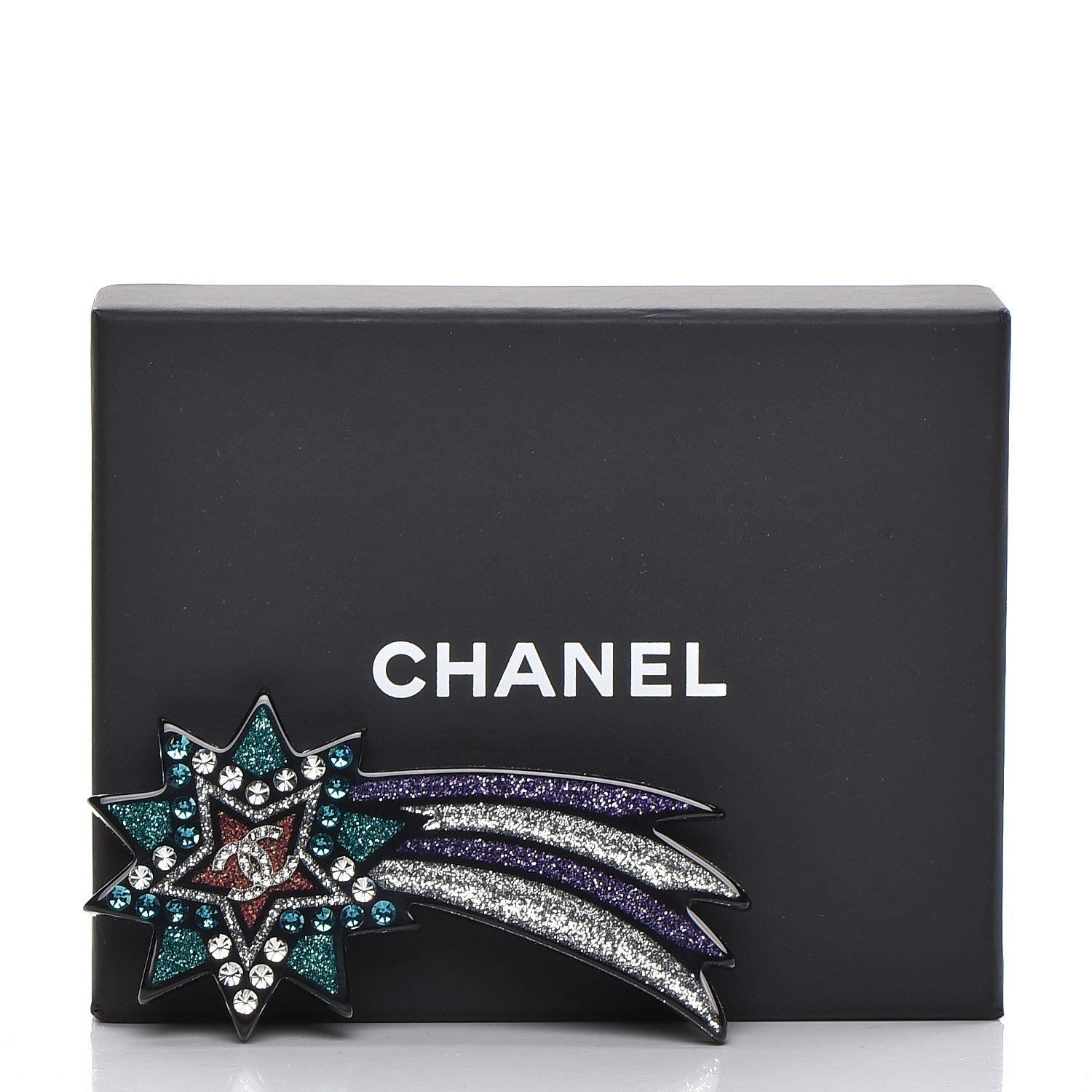Chanel Glittered Resin Strass Shooting Star Brooch Black Purple Green 5 of 5