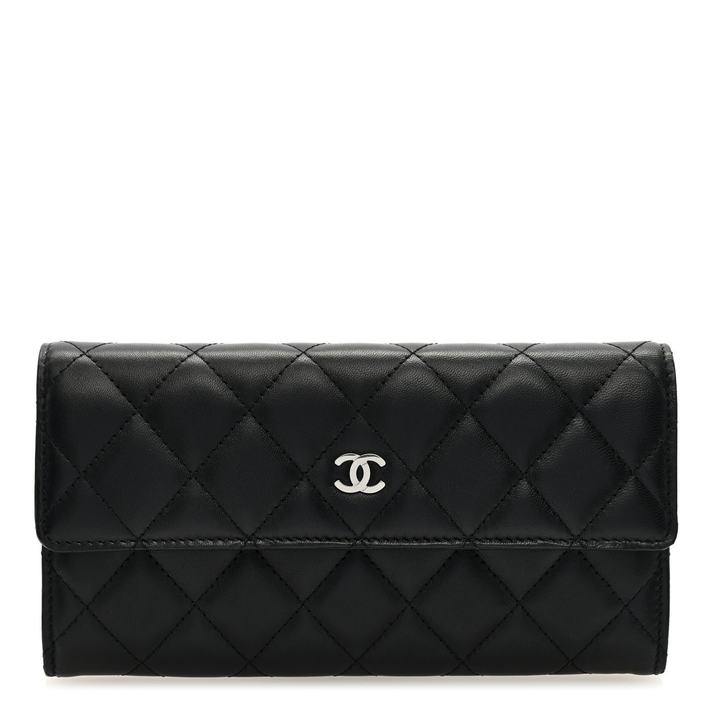 Lambskin Quilted Large Gusset Flap Wallet Black