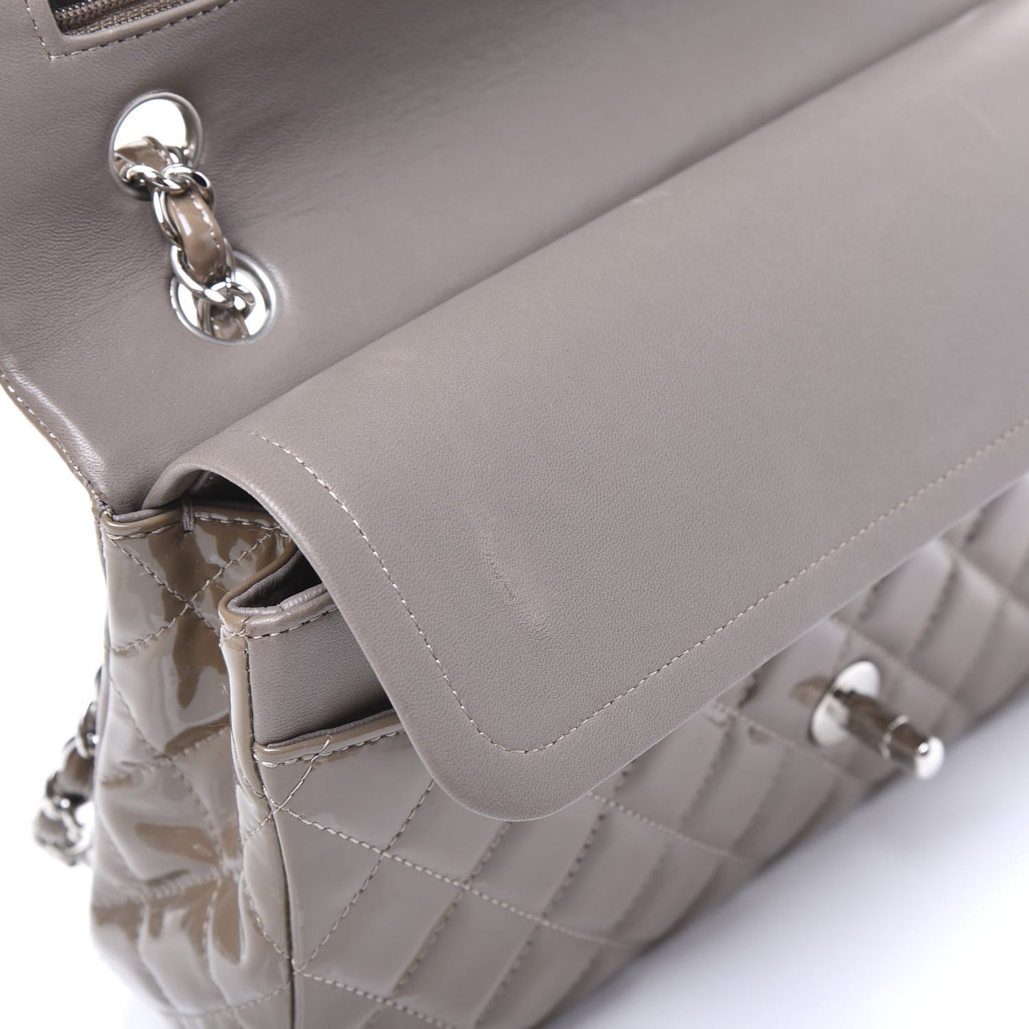 Patent Calfskin Quilted Medium Double Flap Grey