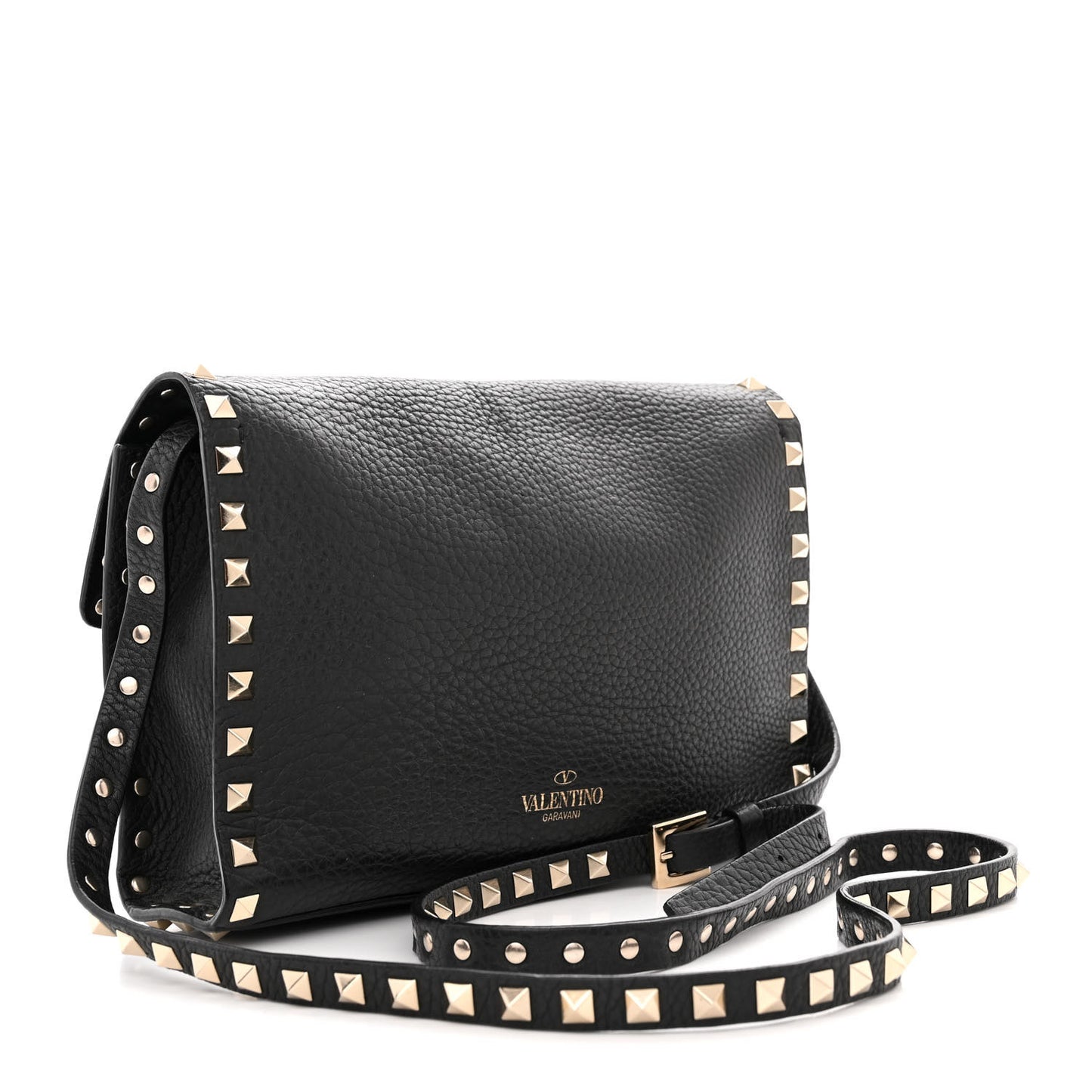 Pebbled Calfskin Medium Rockstud Flip Lock Crossbody Bag Black