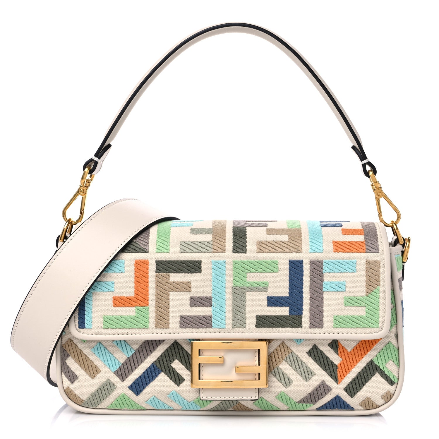 Fendi Canvas Vitello Seta FF Multicolor Embroidered Baguette Grezzo Multicolor Latte 1 of 8