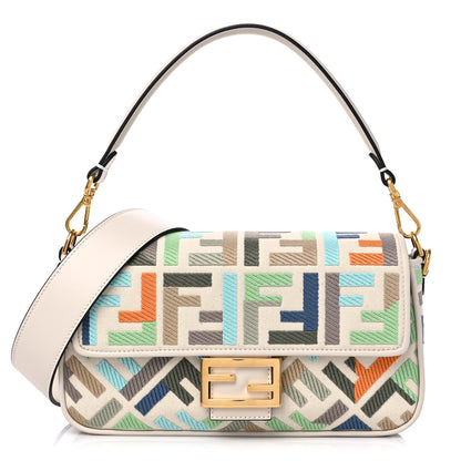 Fendi Canvas Vitello Seta FF Multicolor Embroidered Baguette Grezzo Multicolor Latte 1 of 8