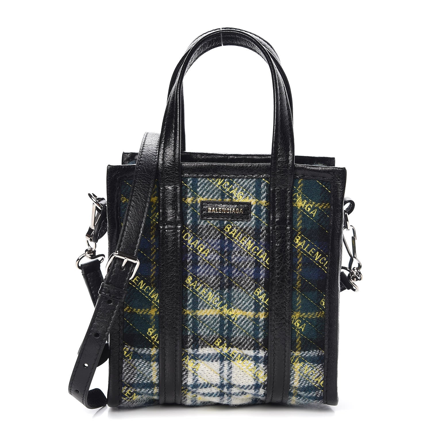 Balenciaga Wool Cuir Arena Plaid Diagonal Allover Logo Matelasse XXS Bazar Shopper Tote Green Blue Yellow 1 of 8