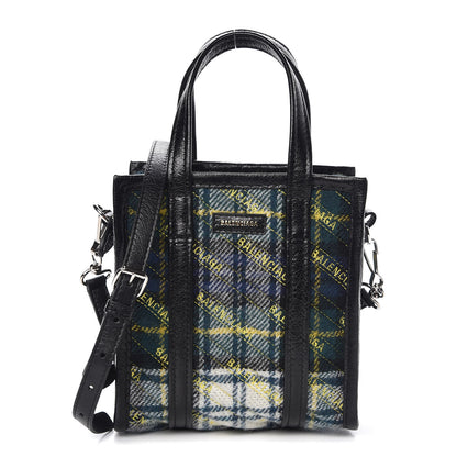 Balenciaga Wool Cuir Arena Plaid Diagonal Allover Logo Matelasse XXS Bazar Shopper Tote Green Blue Yellow 1 of 8