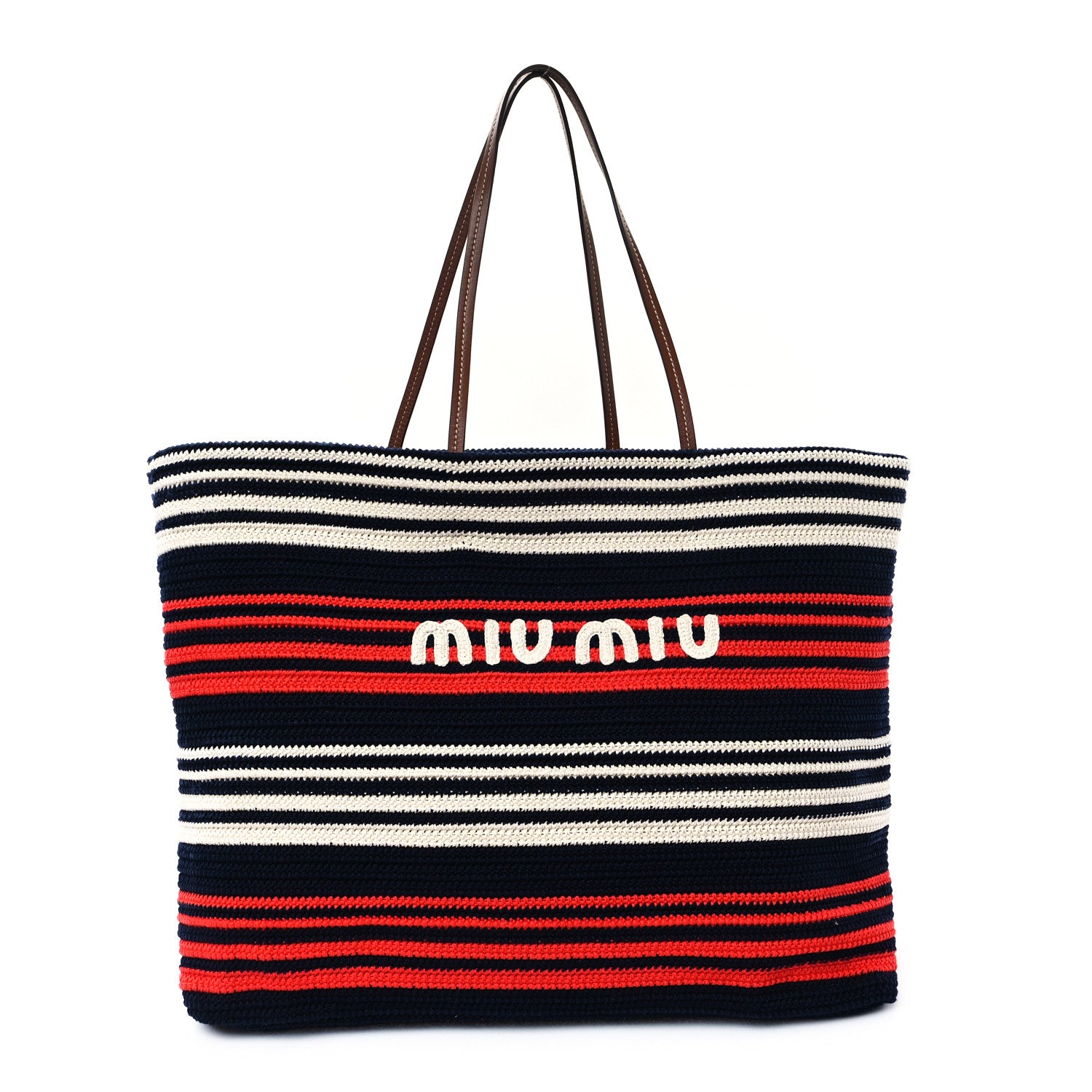 Miu Miu Fabric Crochet Striped Tote Bag Blue Red White 1646708