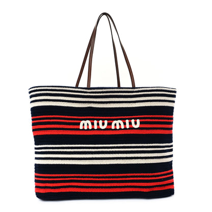 Miu Miu Fabric Crochet Striped Tote Bag Blue Red White 1 of 10