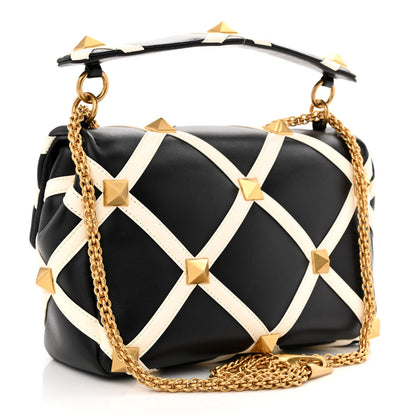 Valentino Garavani Nappa Large Roman Stud Shoulder Bag Black White 3 of 9