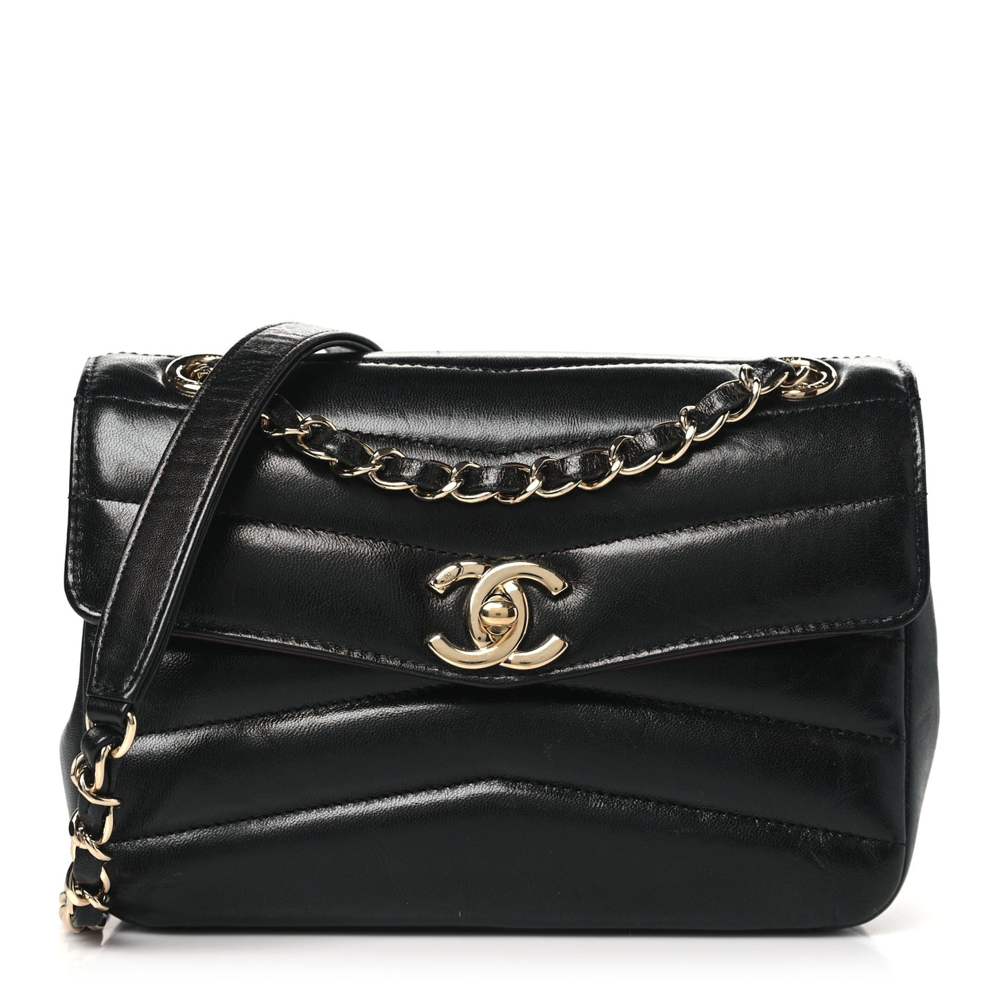 Shiny Lambskin Quilted Small Chevron Miroir Black