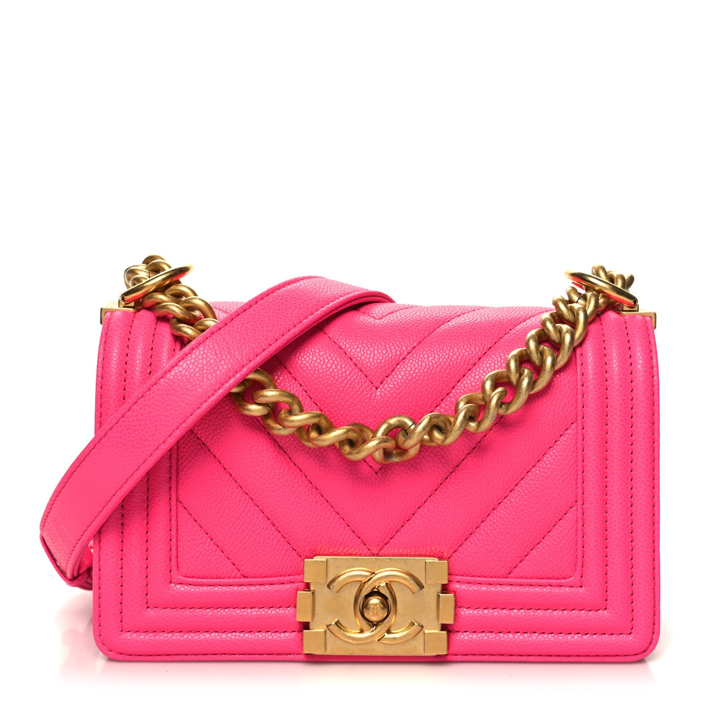Caviar Chevron Quilted Small Boy Flap Fuchsia