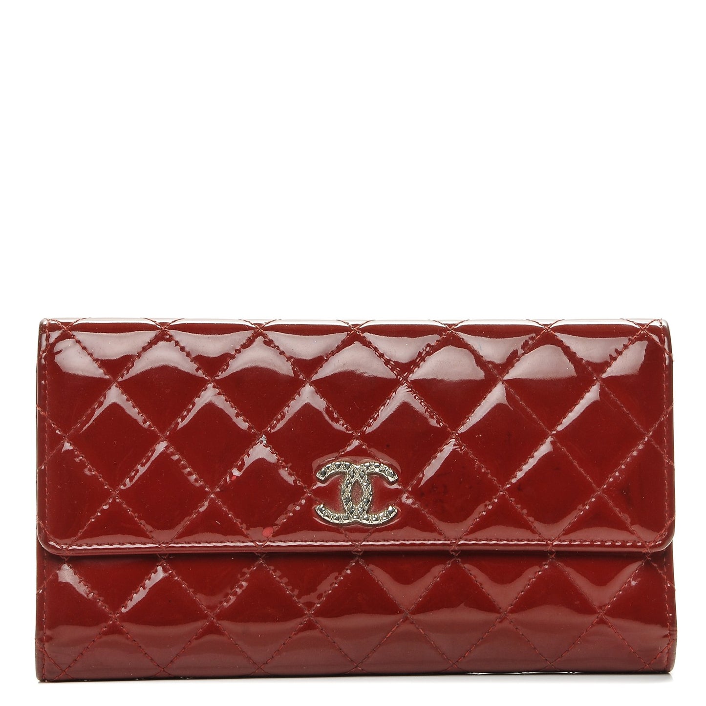 Patent Calfskin Quilted Large Brilliant Flap Wallet Dark Red