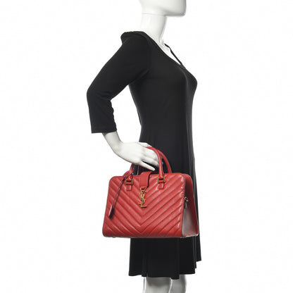 Saint Laurent Calfskin Matelasse Chevron Small Monogram Cabas Lipstick Red 2 of 14