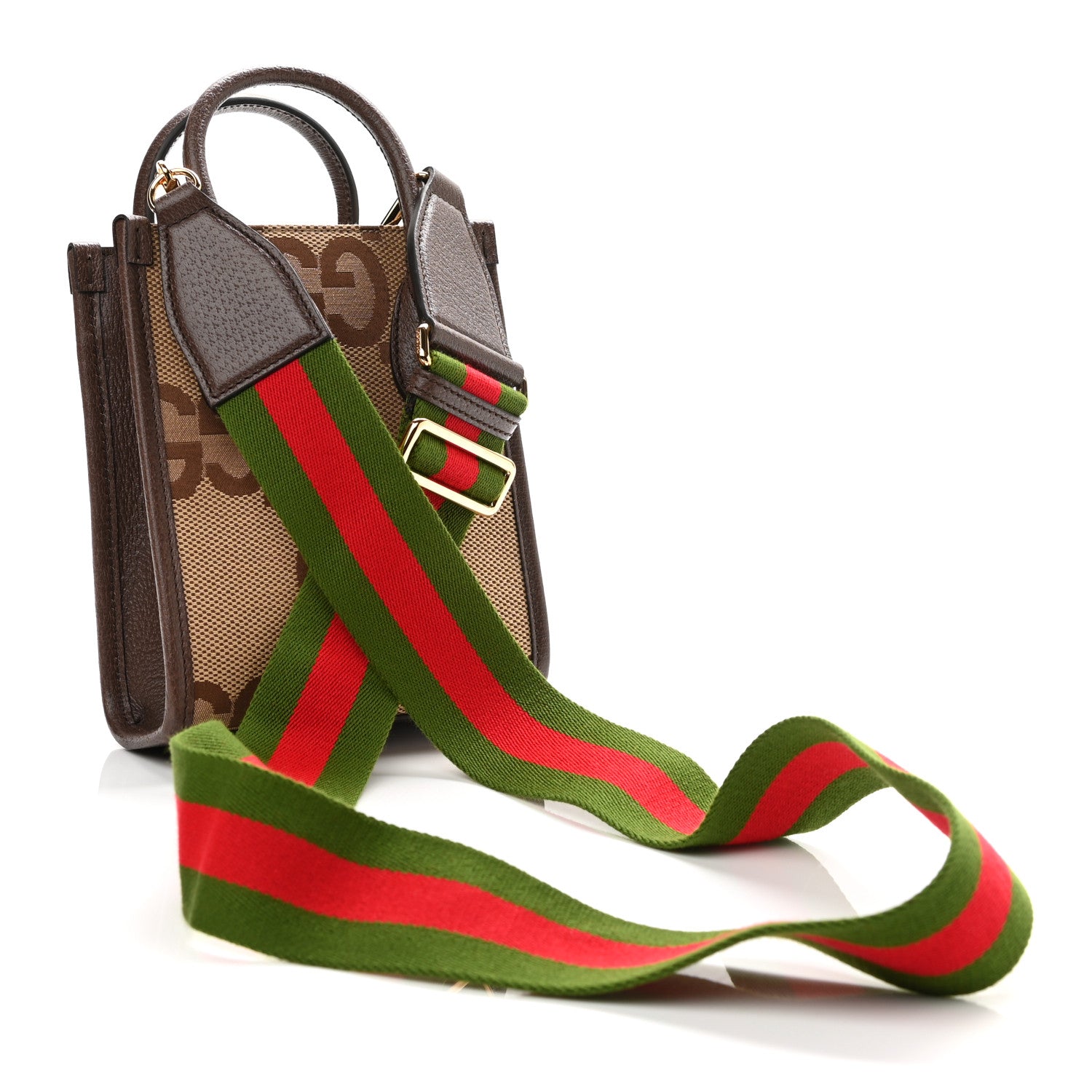 Gucci Monogram Jumbo GG Textured Dollar Calfskin Web Mini Vertical Tote Camel Ebony New Acero 2 of 9