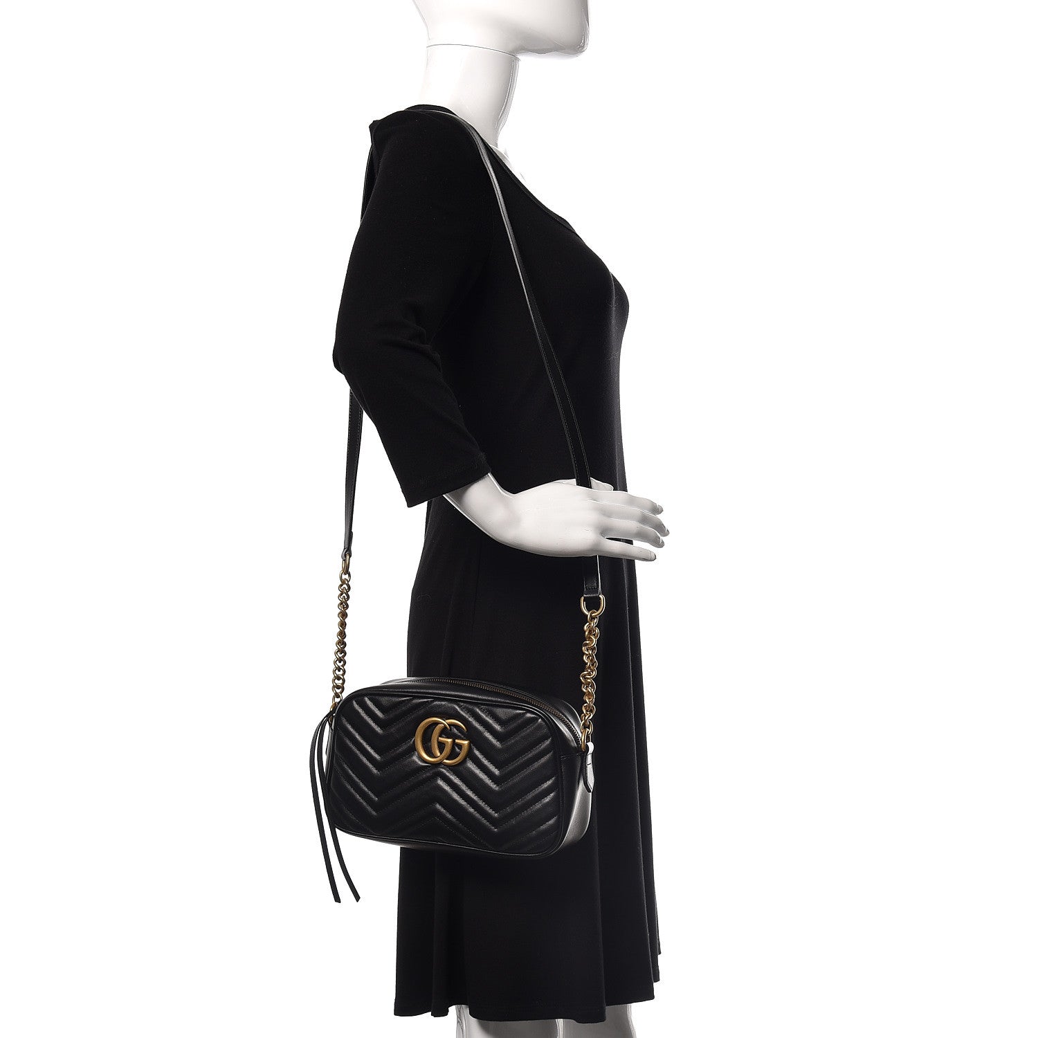 Gucci Calfskin Matelasse Small GG Marmont Chain Shoulder Bag Black 2 of 9