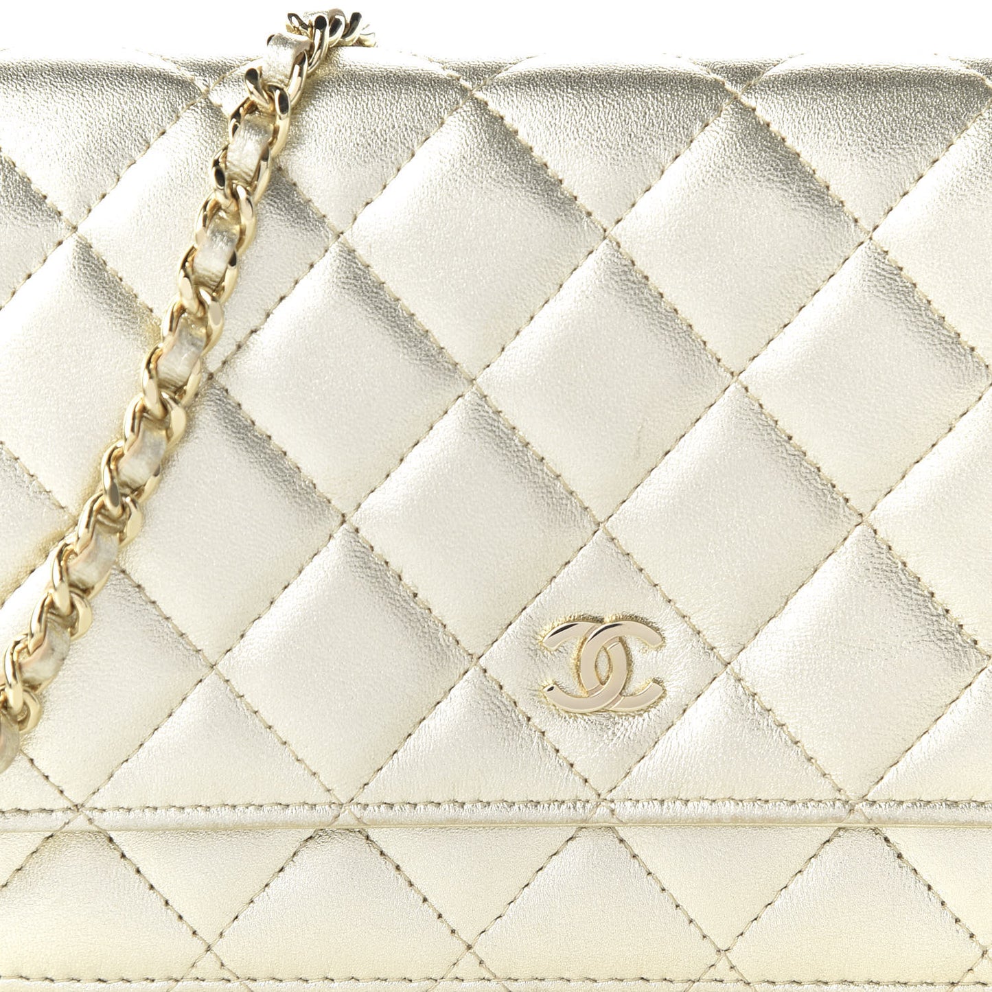 Metallic Lambskin Quilted Wallet On Chain WOC Gold