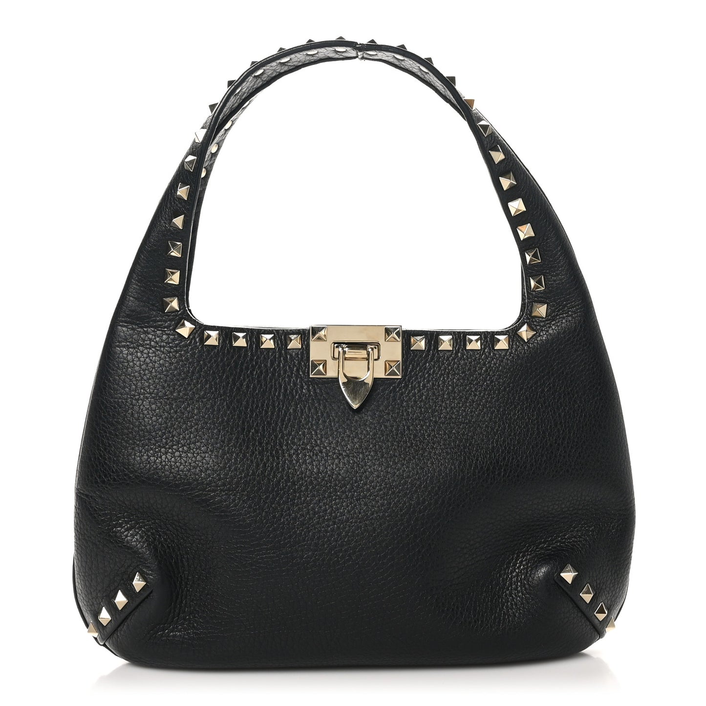 Grained Calfskin Small Rockstud Hobo Black