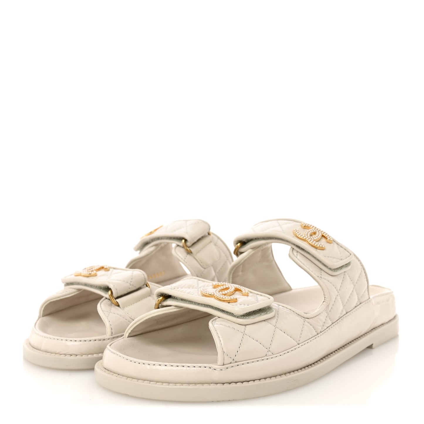 Shiny Calfskin Pearl Quilted Velcro Dad CC Slide Sandals 39 Light Beige