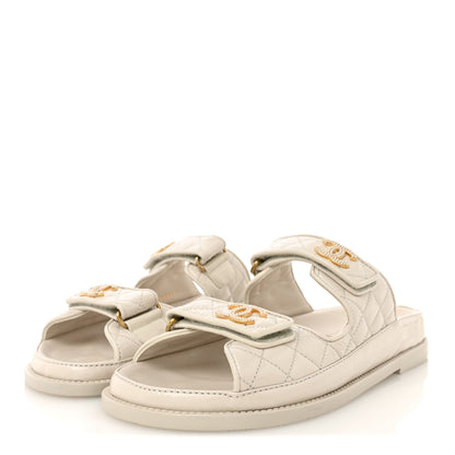 Chanel Shiny Calfskin Pearl Quilted Velcro Dad CC Slide Sandals 39 Light Beige 4 of 9